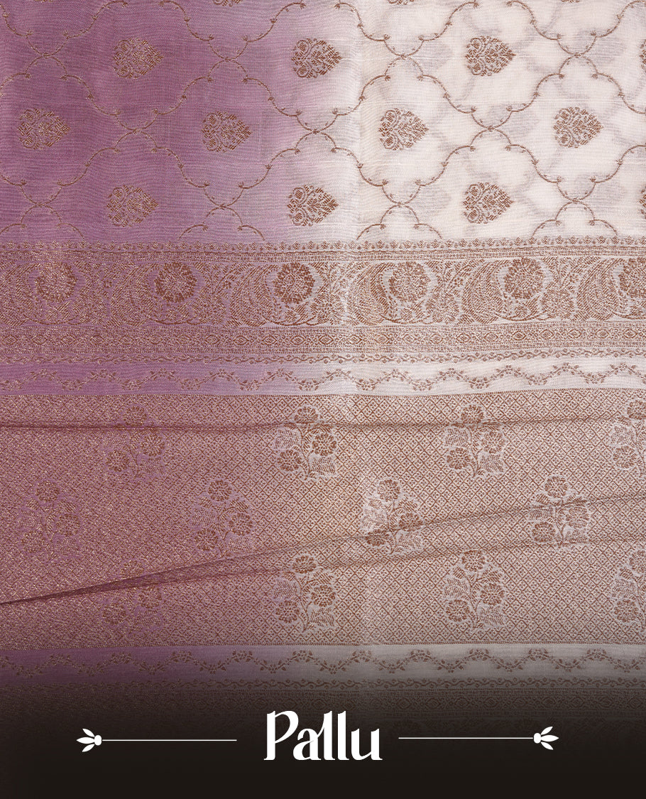 Cream colour semi tussar Banarasi saree featuring Antique zari motifs on body, paired by contrast onion pink colour border, and a matching blouse piece.