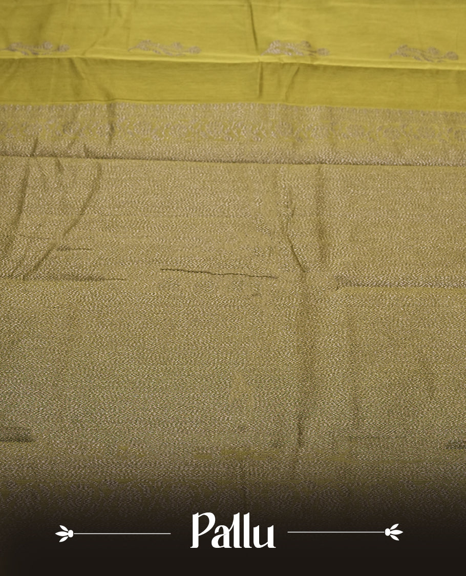 Light Bronze Green Colour Silk Cotton Saree with Dark Silver Floral Butta Body, Contrasting Dark Silver Zari Pallu & Border, Floral Vine Motifs, and Matching Plain Woven Blouse Piece