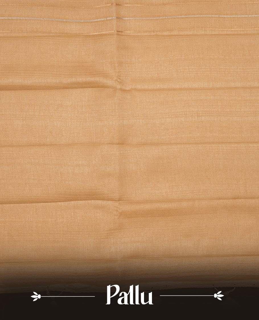 Cream colour semi tussar silk saree highlights gold and silver zari stripes across body, border, pallu and paired with matching blouse piece.