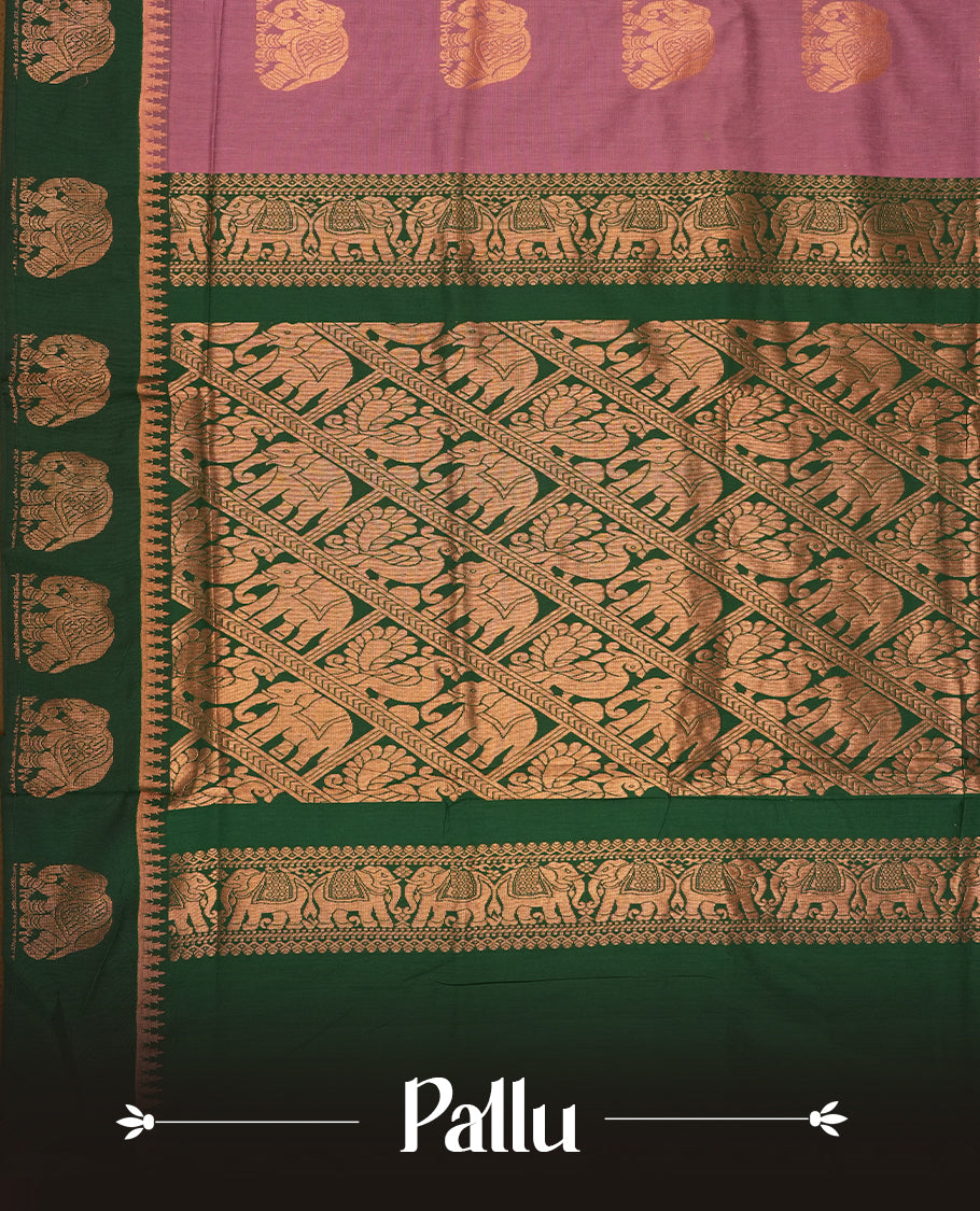 Plum colour Kalyani Cotton saree in forest green pallu,antique gold elephant motifs and temple borders & Comes with a matching blouse piece.