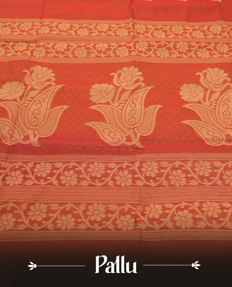 Orange Colour Silk Cotton Saree with Cream Leaf Butta Body, Contrasting Cream Zari Pallu & Border, Floral Motifs, and Matching Woven Blouse Piece