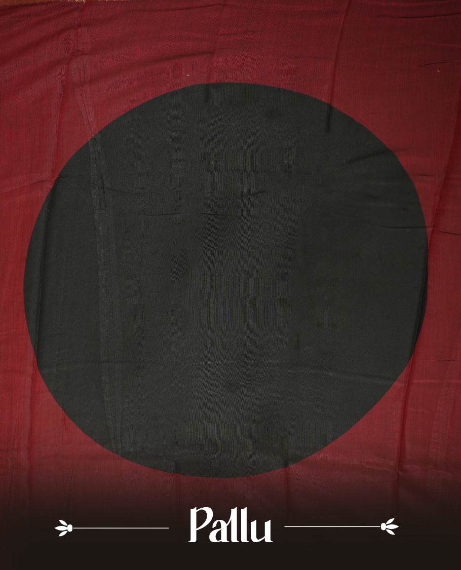 Maroon red colour mixed chanderi cotton saree with plain body, geometric tribal printed pallu with golden zari border, and striped blouse.