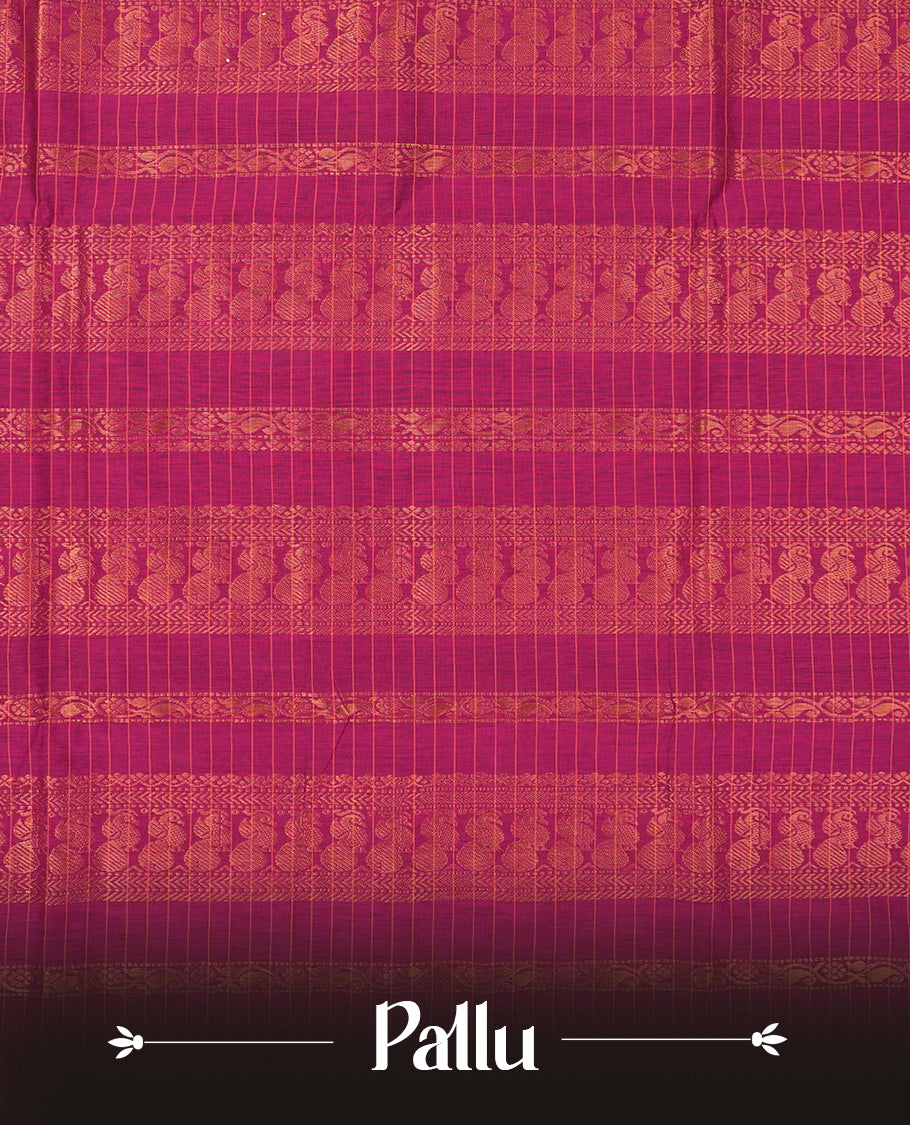 Black coloured mixed Kalyani cotton saree featuring copper zari checks on the body, complemented by a dark magenta coloured border and pallu adorned with copper zari patterns, Paired with a matching blouse.