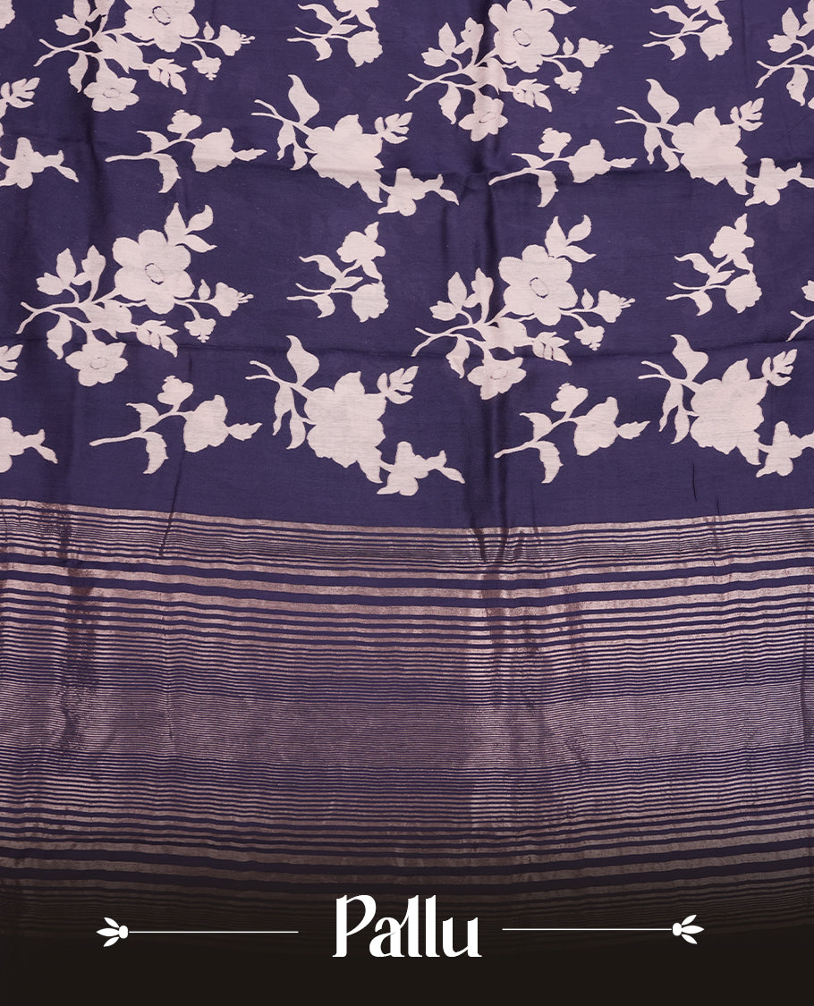 Dark Blue colour Viscos semi printed saree featuring a light golden zari border, abstract off white printed motifs on the body, and comes with a matching blouse