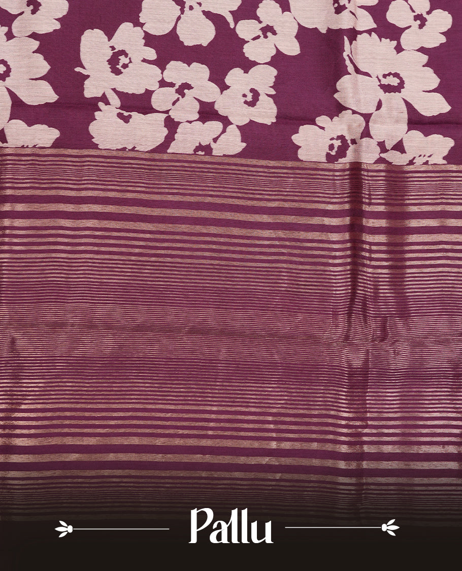 Grape Purple colour Viscos semi printed saree featuring a light golden zari border, abstract off white printed motifs on the body, and comes with a matching blouse