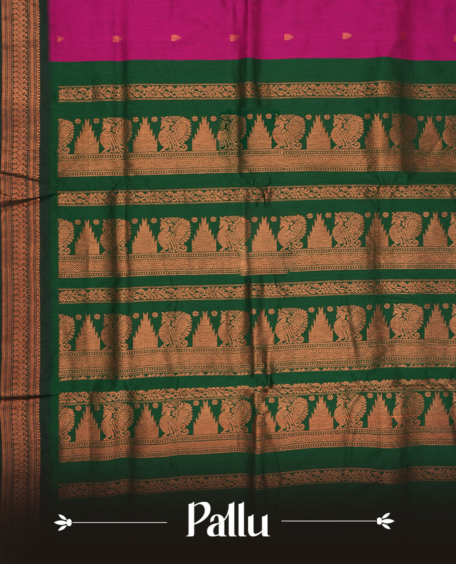 Magenta colour Kalyani cotton saree with intricate small motifs all over, paired with a contrasting green rich peacock & temple zari woven border and pallu & Comes with a matching blouse piece.