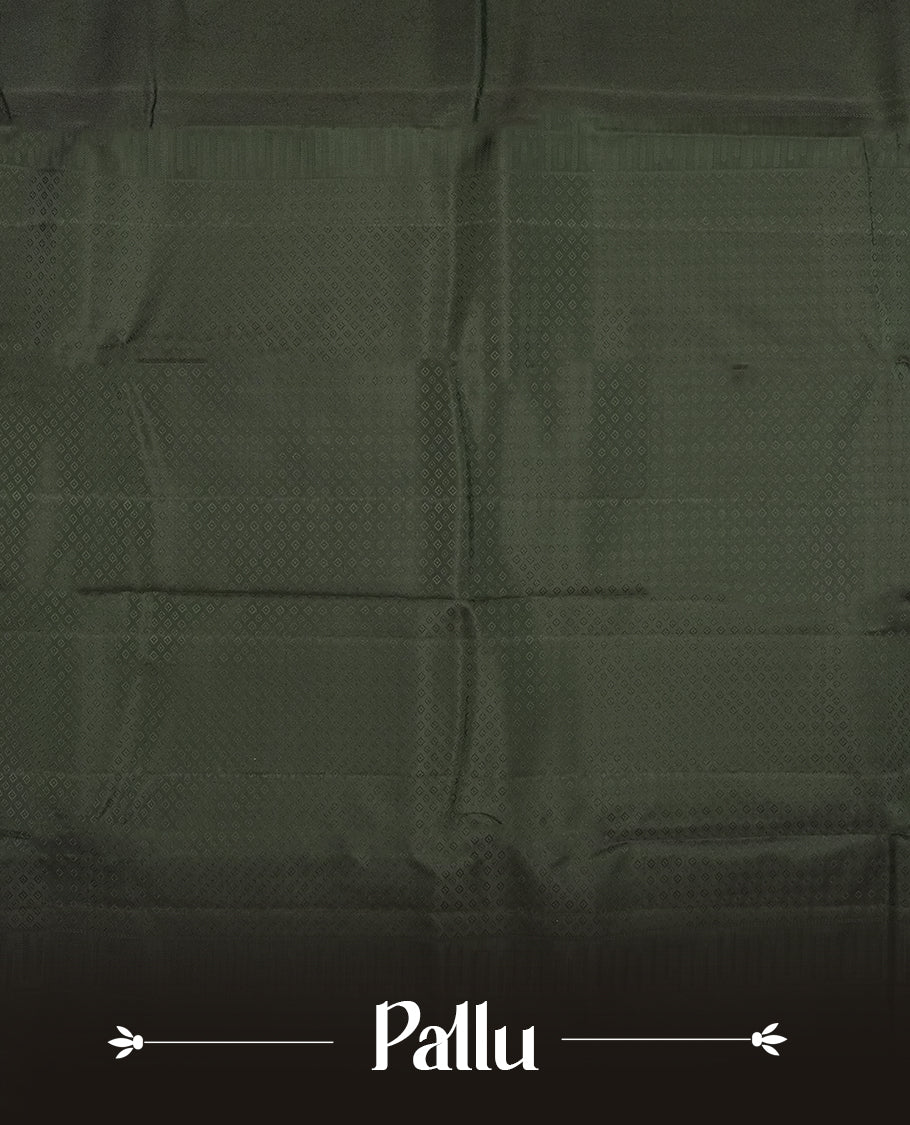 A dark green colour semi soft silk saree featuring a self coloured woven border and patterned body, complemented by self coloured pallu and a matching blouse piece.