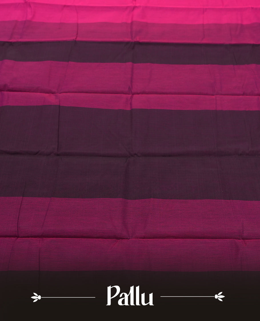 Magenta Pink Colour Silk Cotton Saree with Self Textured Striped Body, Contrasting Purple Striped Pallu & Border, Multi-Line Patterns, and Matching Purple Woven Blouse Piece