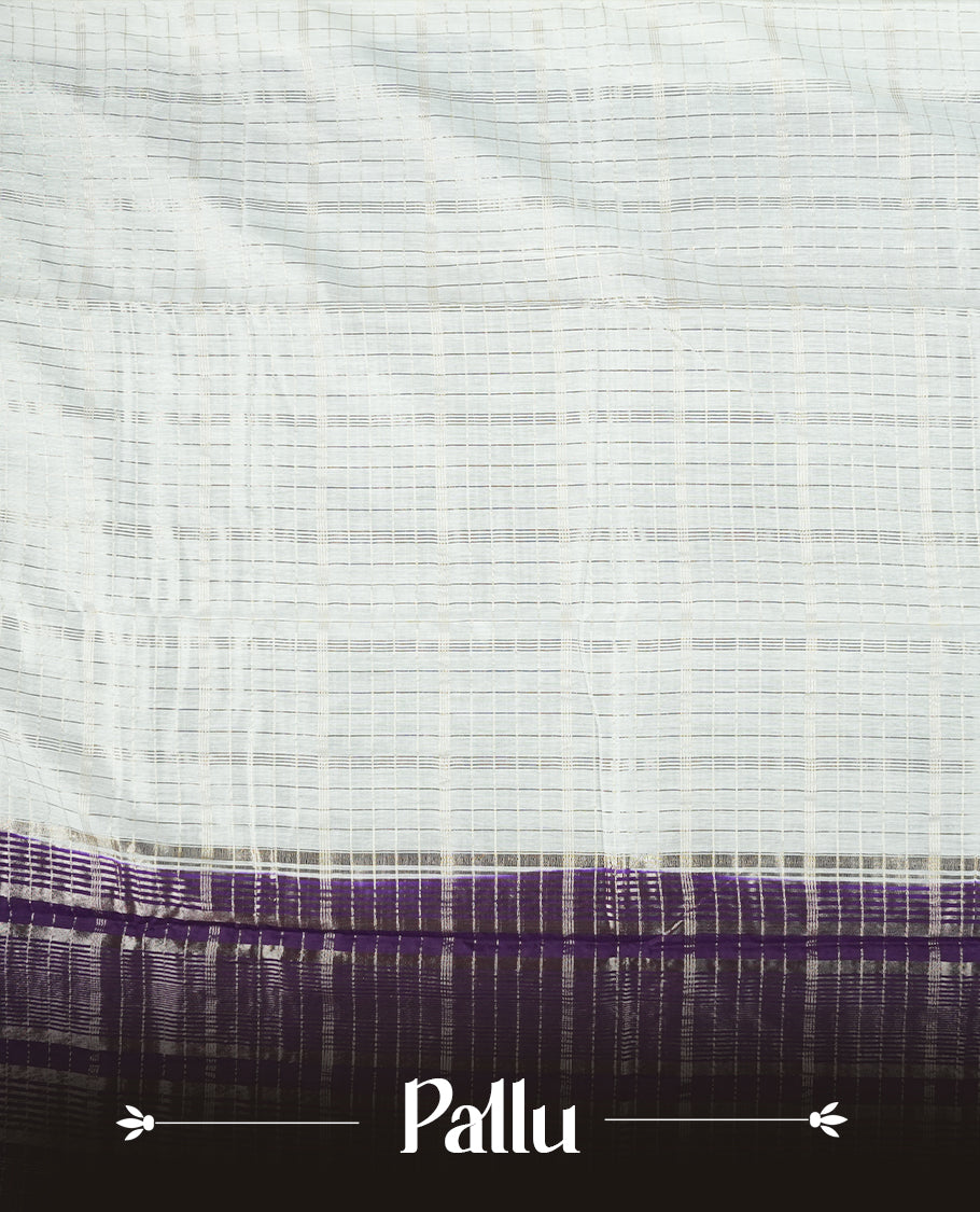 White colour mixed chanderi cotton saree with checkered body, deep purple pallu with rose gold zari border, and matching purple blouse.