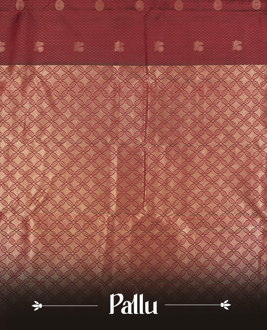 Dark maroon colour semi soft silk saree featuring a self coloured golden textured patterned body, complemented by self coloured pallu & golden border and a matching blouse piece.