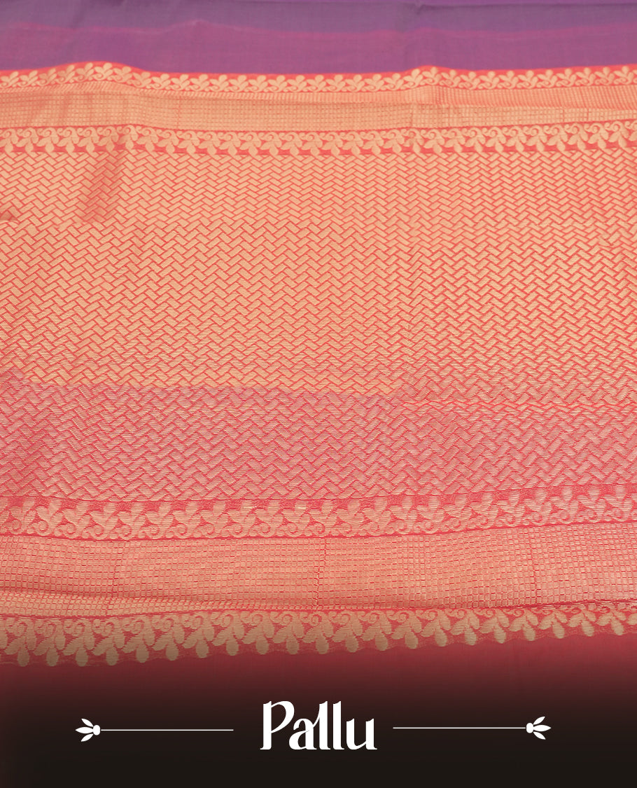 Purple colour tissue cotton saree featuring elegant silver & copper zari motifs, a delicate zari border, and a beautifully woven pallu & Paired with a matching blouse, perfect for festive and traditional occasions.