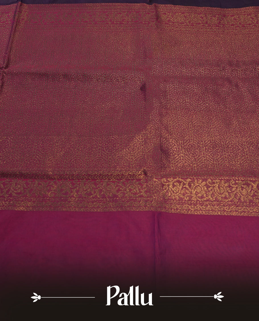 Purple colour soft silk cotton saree adorned with copper zari motifs and a shimmering copper zari border, Enhanced by a beautifully rich wine colour woven pallu & Comes with a matching blouse piece for a complete look.