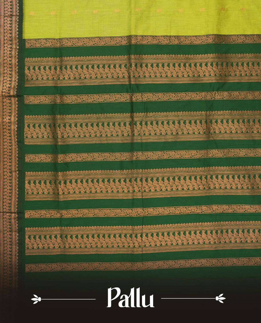 Lemon green colour Kalyani Cotton saree with rich green colour border with peacock motifs on pallu, featuring copper zari and intricate weaving & Includes a matching blouse piece.