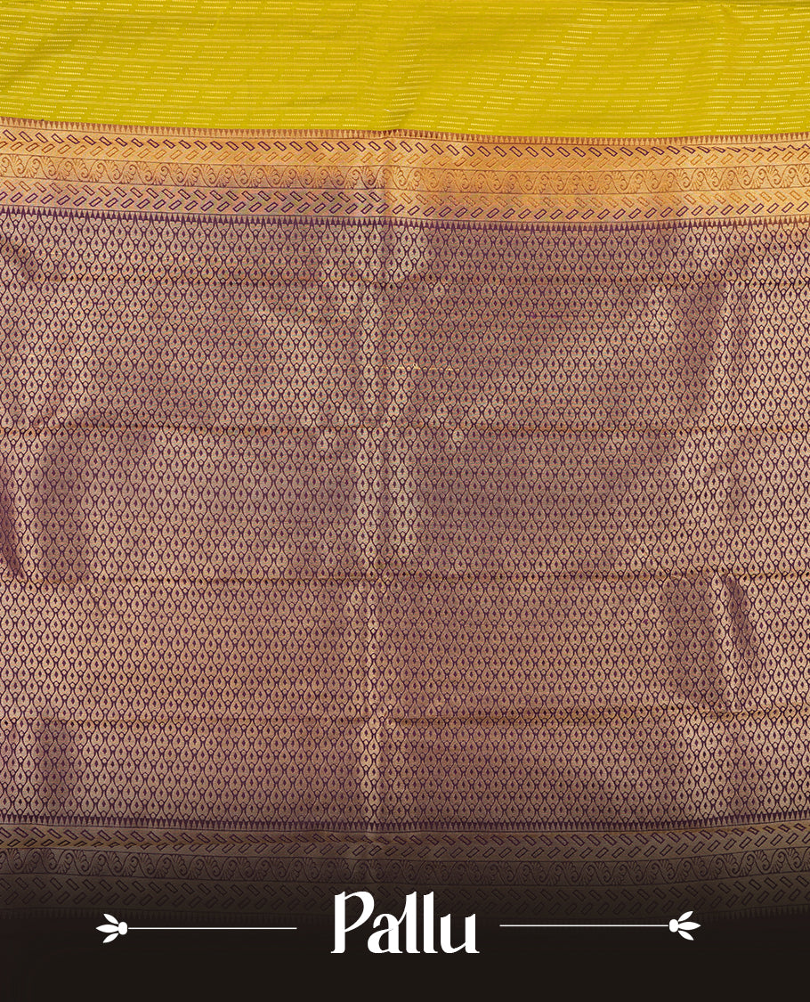 yellow green Colour Semi Silk Saree with Gold Self-Woven Striped Body, Contrasting Grape Purple Golden Zari Pallu & Border, Allover Paisley Motifs, and Matching Blouse Piece