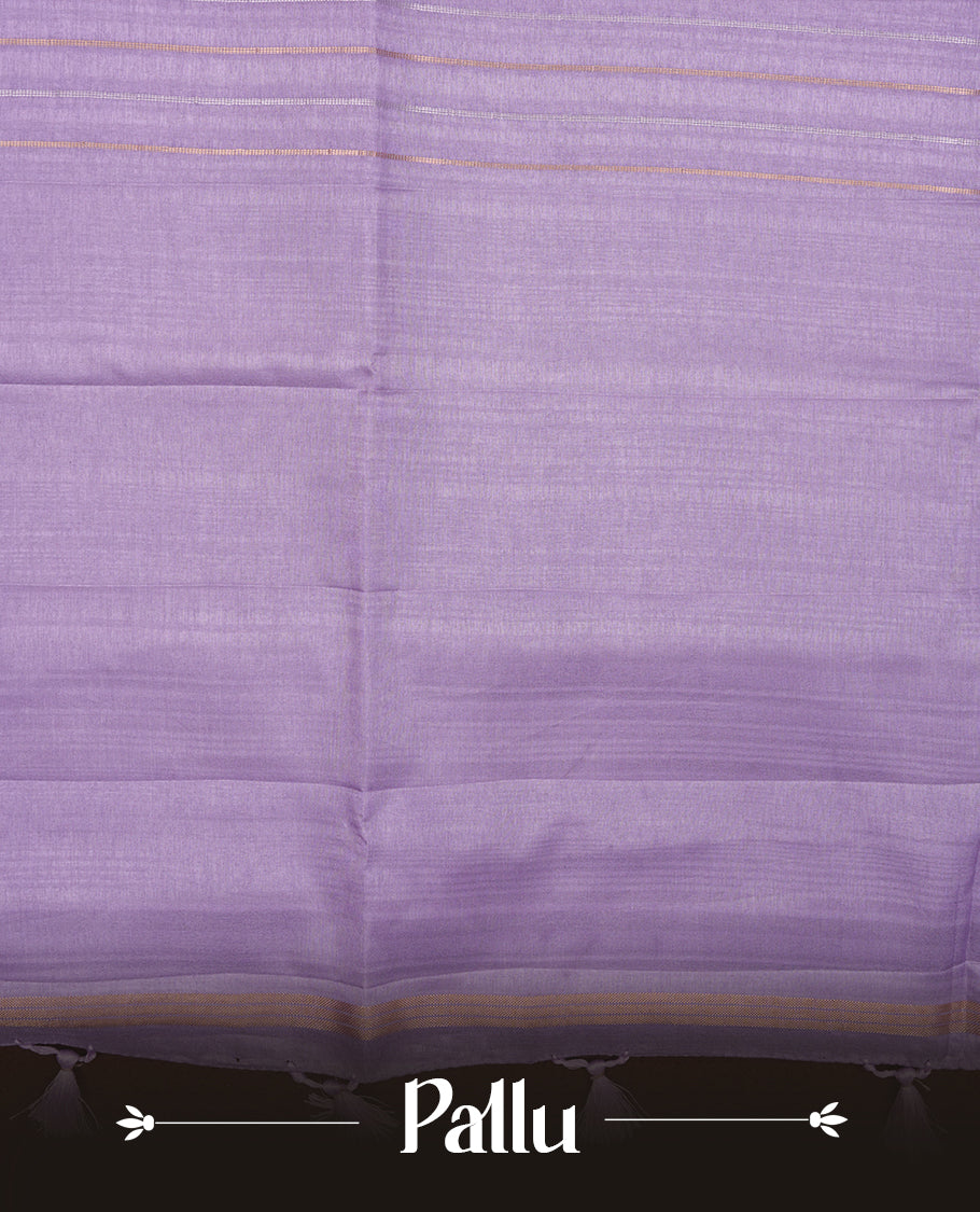 Pastel lavender colour semi tussar silk saree highlights gold and silver zari stripes across body, border, pallu and paired with matching blouse piece.