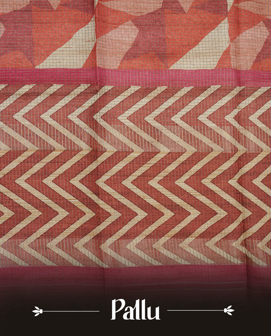 Pink colour semi tussar silk saree featuring zigzag print and zari check pattern across body, self colour border with geometric pattern and pallu, paired with matching blouse piece.