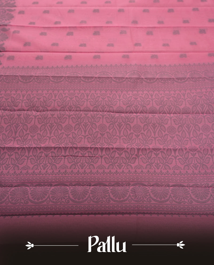 Wild Orchid Pink colour silk cotton saree adorned with delicate woven motifs all over the body, paired with an elegant dark plain border and richly patterned pallu & Comes with a matching blouse piece for a complete ethnic look.