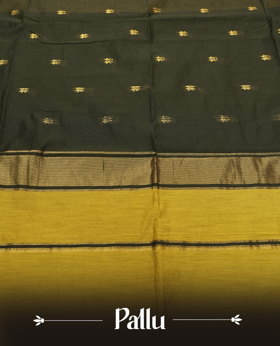 Mustard Yellow and Charcoal Black Colour silk-cotton saree with tiny zari star buttas, black pallu with pinstripes and buttas, slim antique-gold borders, and a plain black blouse accented with matching zari border