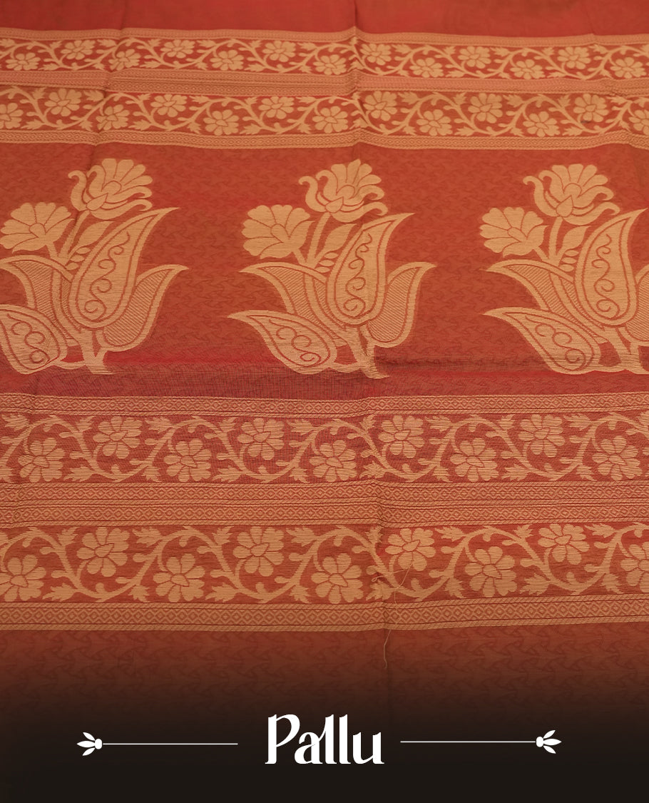 Brown Colour Silk Cotton Saree with Cream Leaf Butta Body, Contrasting Cream Zari Pallu & Border, Floral Motifs, and Matching Woven Blouse Piece