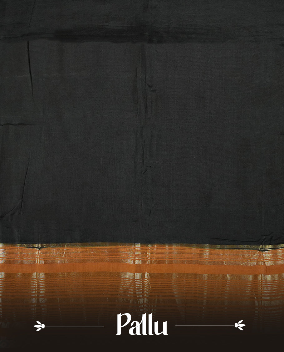 Black chanderi cotton saree featuring plain body, mustard orange pallu with gold zari border, matching mustard orange blouse.