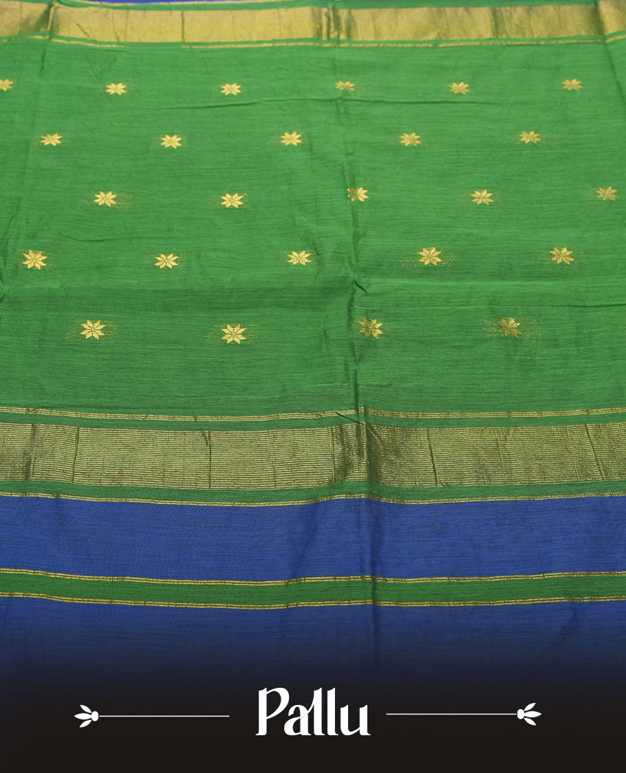 Blue Silk Cotton Saree with Gold Floral Buttas Body, Accented by Gold Zari Border and Green Stripes on Blue and Green Striped Pallu, Paired with Matching Blouse Piece