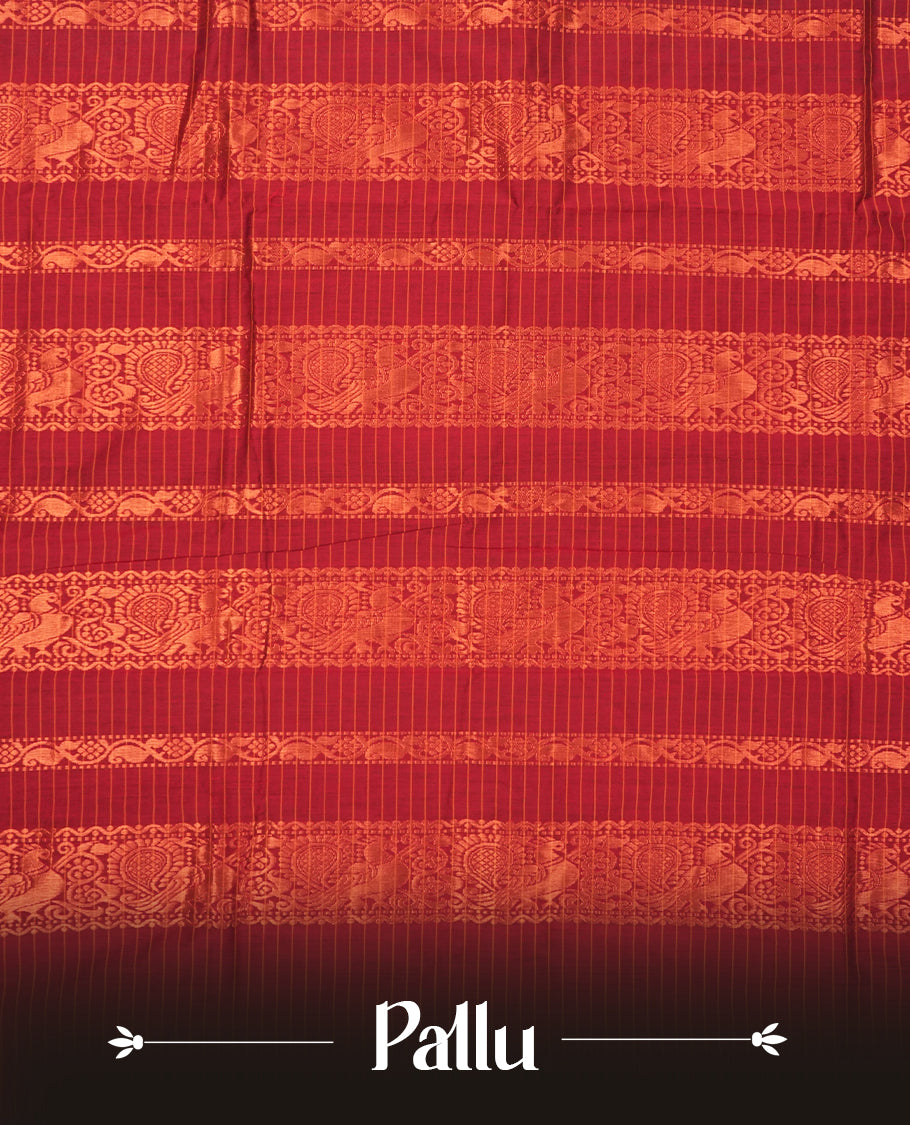 Lavender coloured mixed Kalyani cotton saree featuring copper zari checks on the body, complemented by a red coloured border and burnt red colourpallu adorned with copper zari patterns, Paired with a matching blouse.