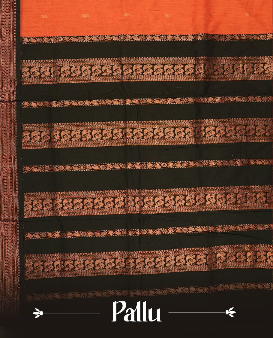 Orange colour Kalyani Cotton saree with rich black border and pallu, featuring copper zari peacock motifs and intricate weaving & Includes a matching blouse piece.
