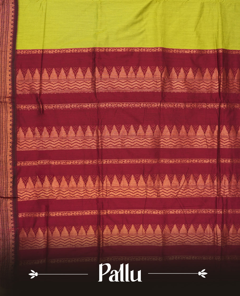 Lemon green colour Kalyani Cotton saree with rich maroon colour border with temple motifs on pallu, featuring copper zari and intricate weaving & Includes a matching blouse piece.