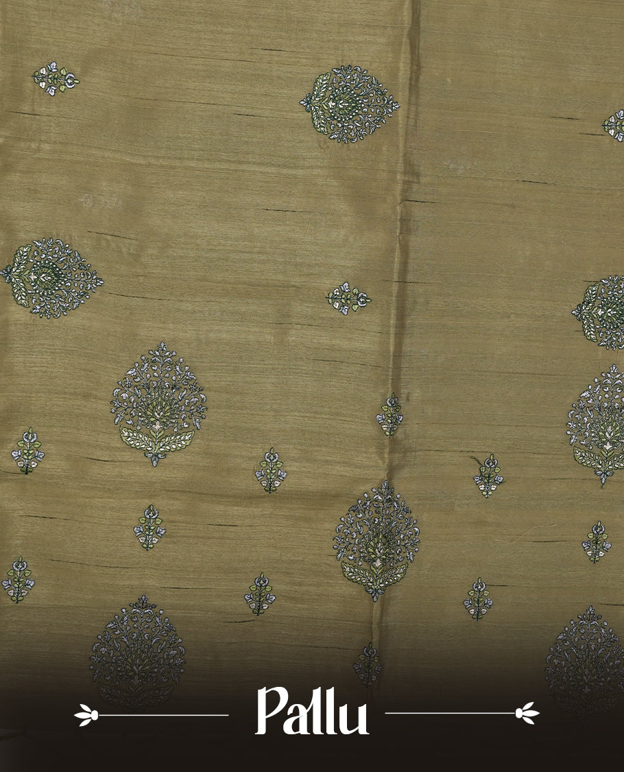 Green colour semi tusser silk saree featuring Floral thread embroidery across body, without border and paired with matching blouse.