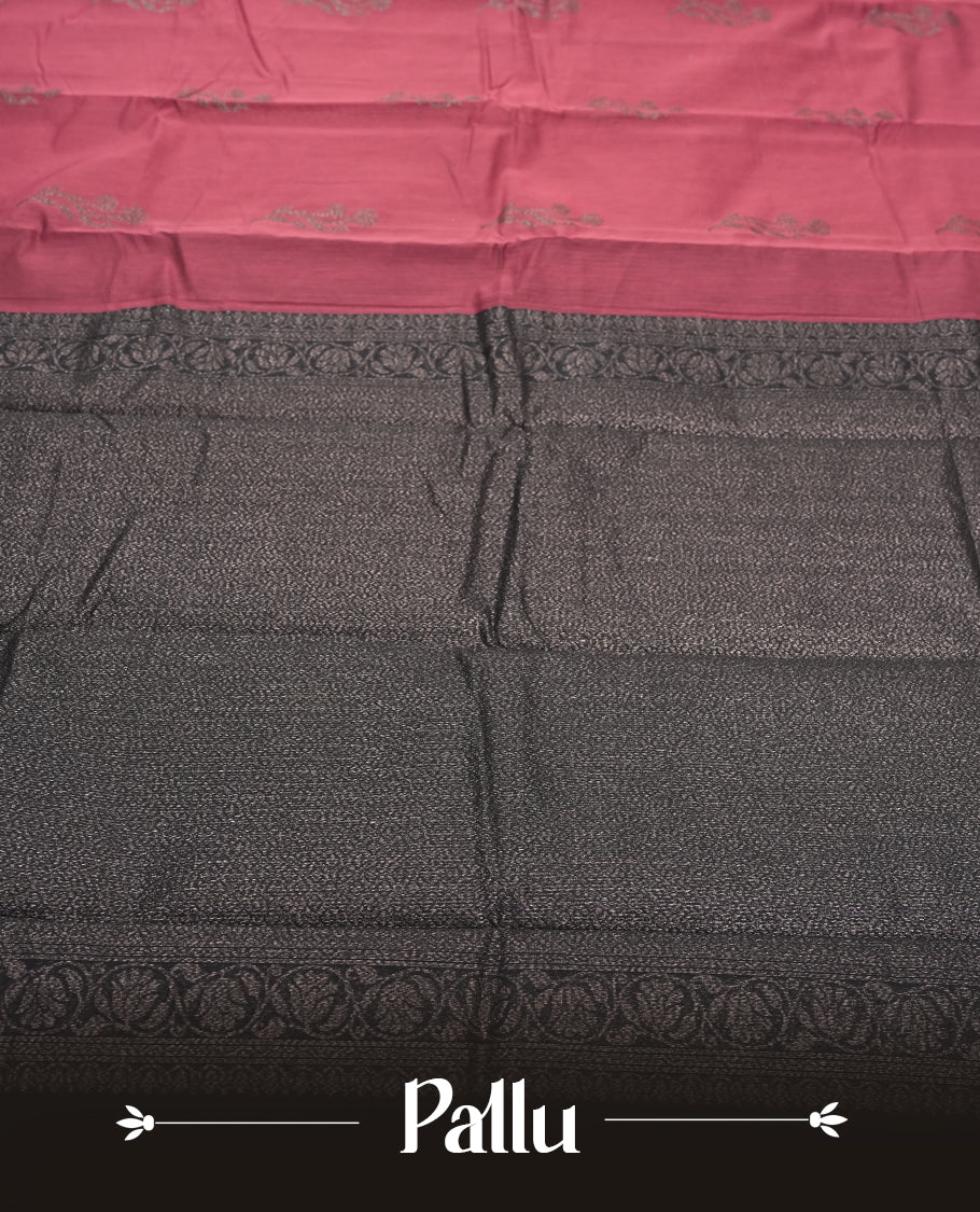 Burgundy Colour Silk Cotton Saree with Dark Silver Floral Butta Body, Contrasting DarkSilver Zari Pallu & Border, Floral Vine Motifs, and Matching Plain Woven Blouse Piece