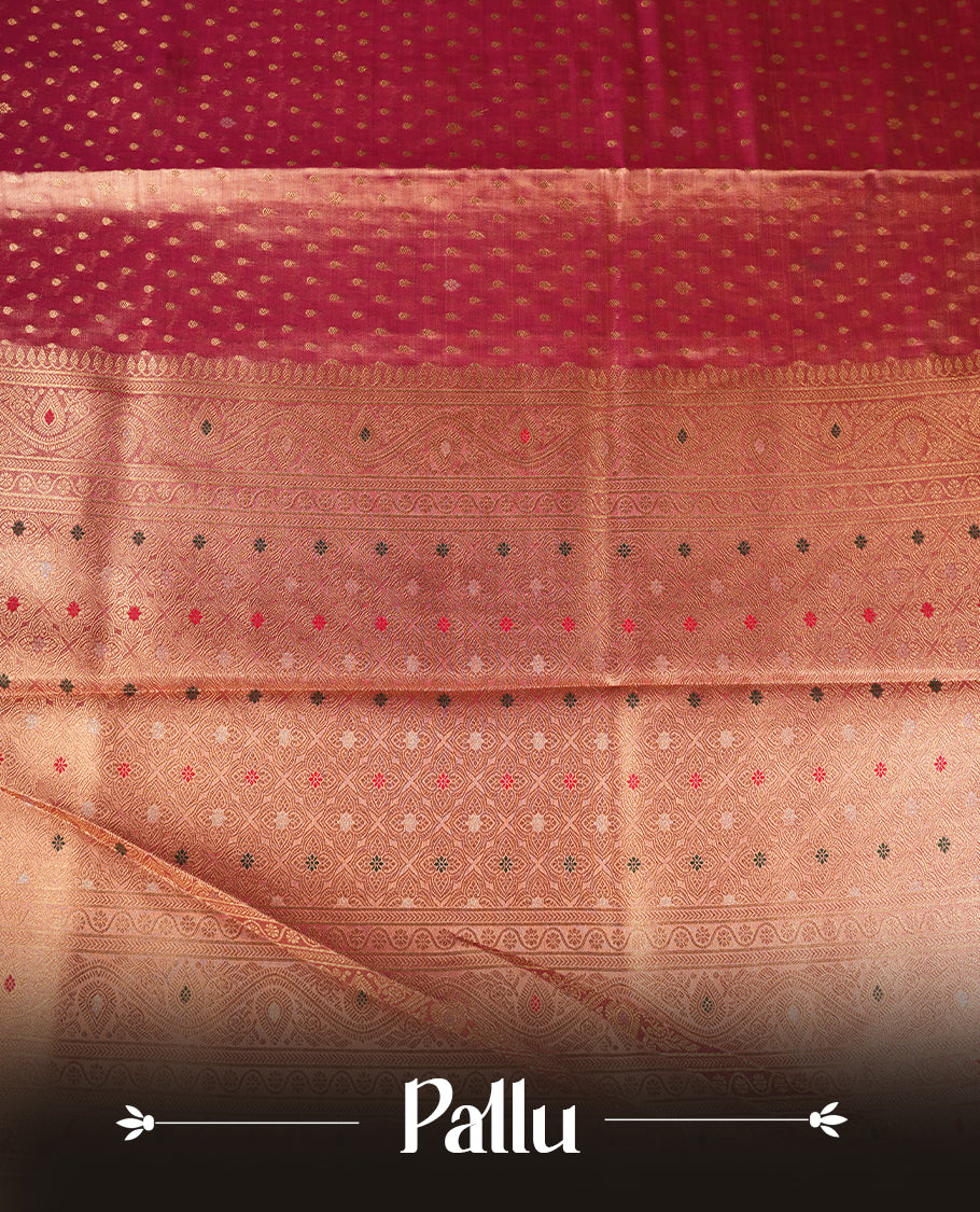 Peach & Gold double shade colour tissue banaras silk saree featuring antique gold zari motifs on the body with rich traditional zari border and pallu, paired with a matching blouse piece.