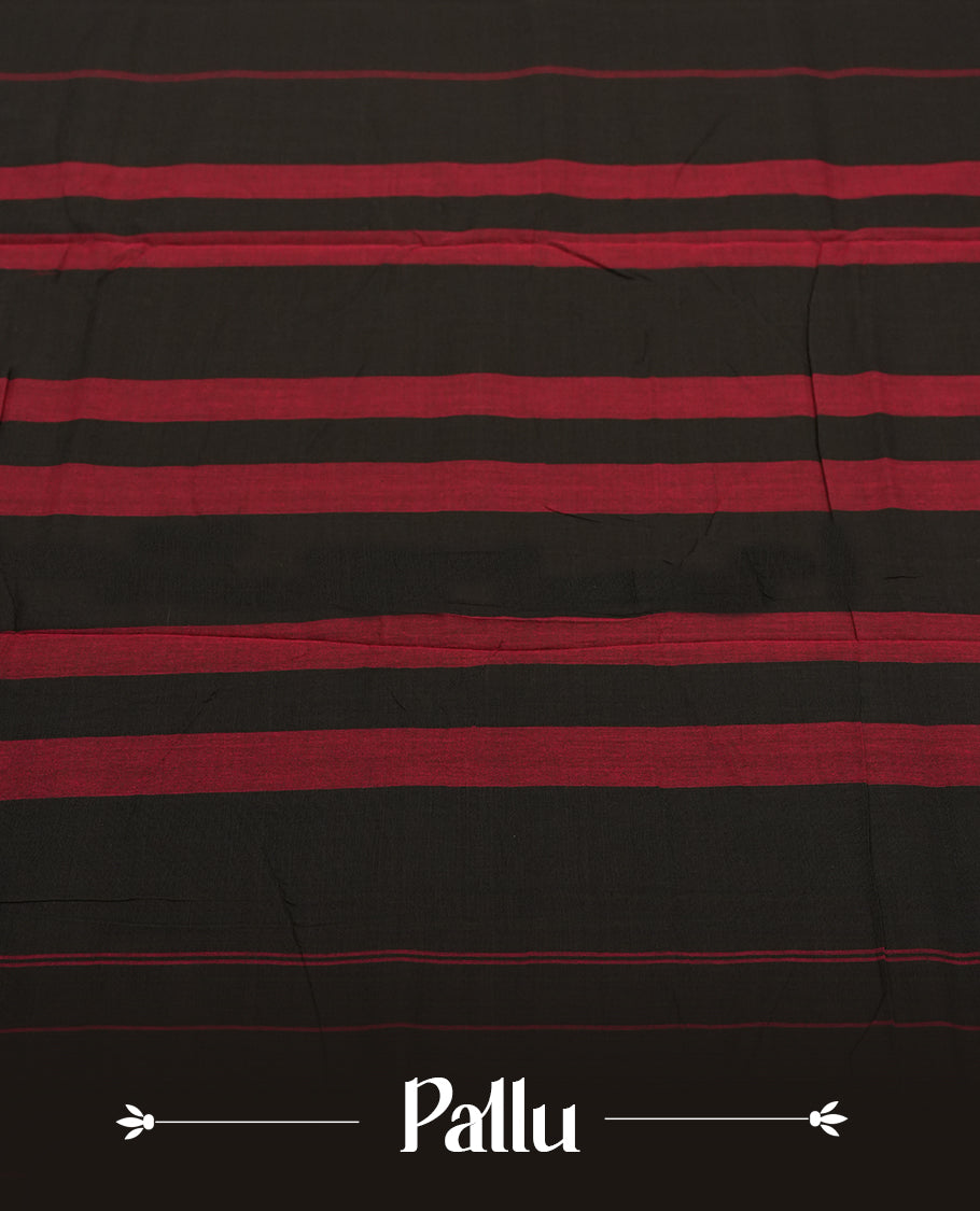 Black colour Narayanapattu cotton saree featuring a plain black body, deep maroon border and pallu, highlighted with fine thread work & Traditional and elegant, this saree comes without a blouse piece.