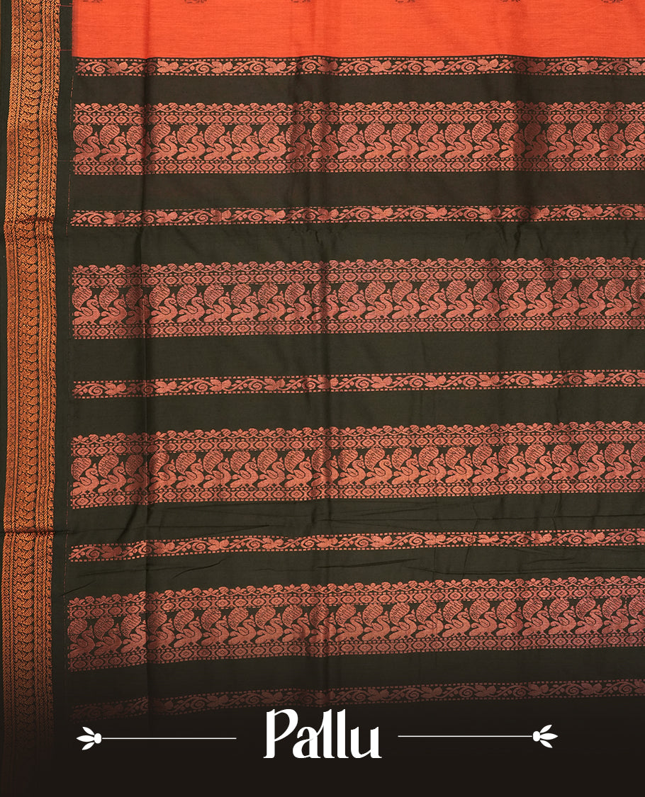 Burnt orange colour Kalyani Cotton saree with delicate woven zari black motifs all over, paired with a contrasting black border and pallu intricately woven with rich copper zari & Comes with a matching blouse piece.
