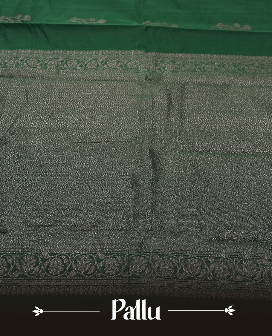 Dark Green Colour Silk Cotton Saree with Dark Silver Floral Butta Body, Contrasting Dark Silver Zari Pallu & Border, Floral Vine Motifs, and Matching Plain Woven Blouse Piece