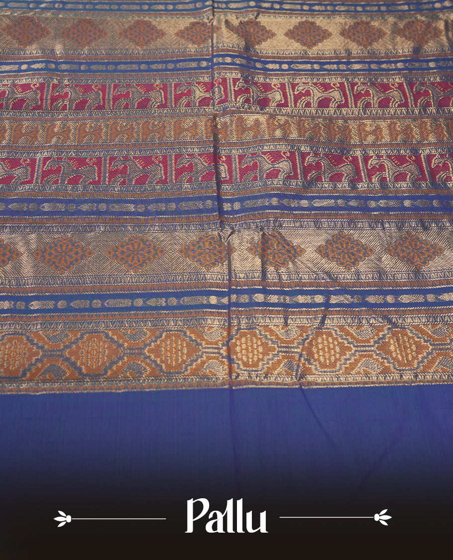 Blue & Purple Double shaded colour pure Kanchi cotton saree with subtle buttas, enhanced by a contrasting green border with rich silver zari wor & Paired with a matching blouse, it offers an elegant and traditional appeal for any occasion.