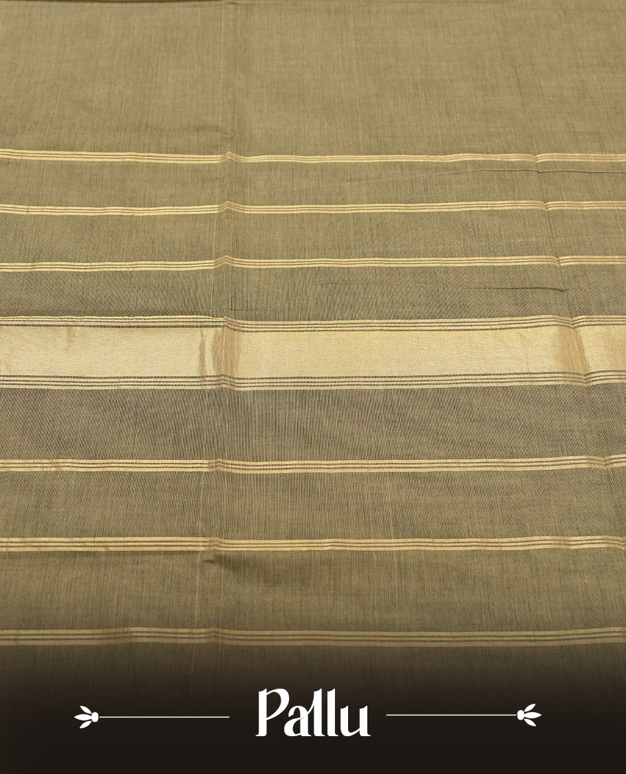 Olive Grey Colour silk cotton saree with broad temple-red zari border featuring peacocks and elephant motifs, subtle gold-striped pallu, and a plain olive grey blouse with the same rich zari border.