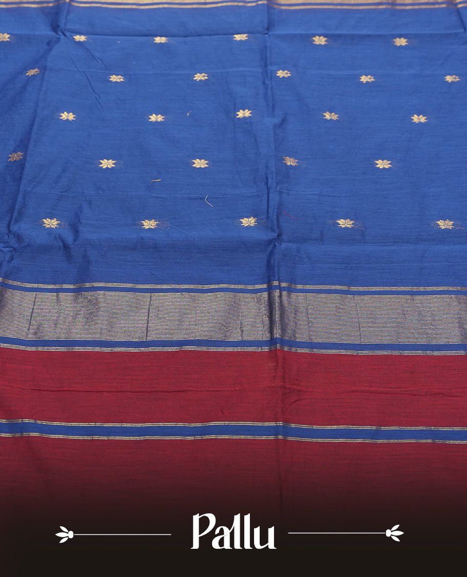 Red Silk Cotton Saree with Gold Floral Buttas Body, Accented by Gold Zari Border on Navy Blue and Red Striped Pallu, Paired with Matching Blouse Piece