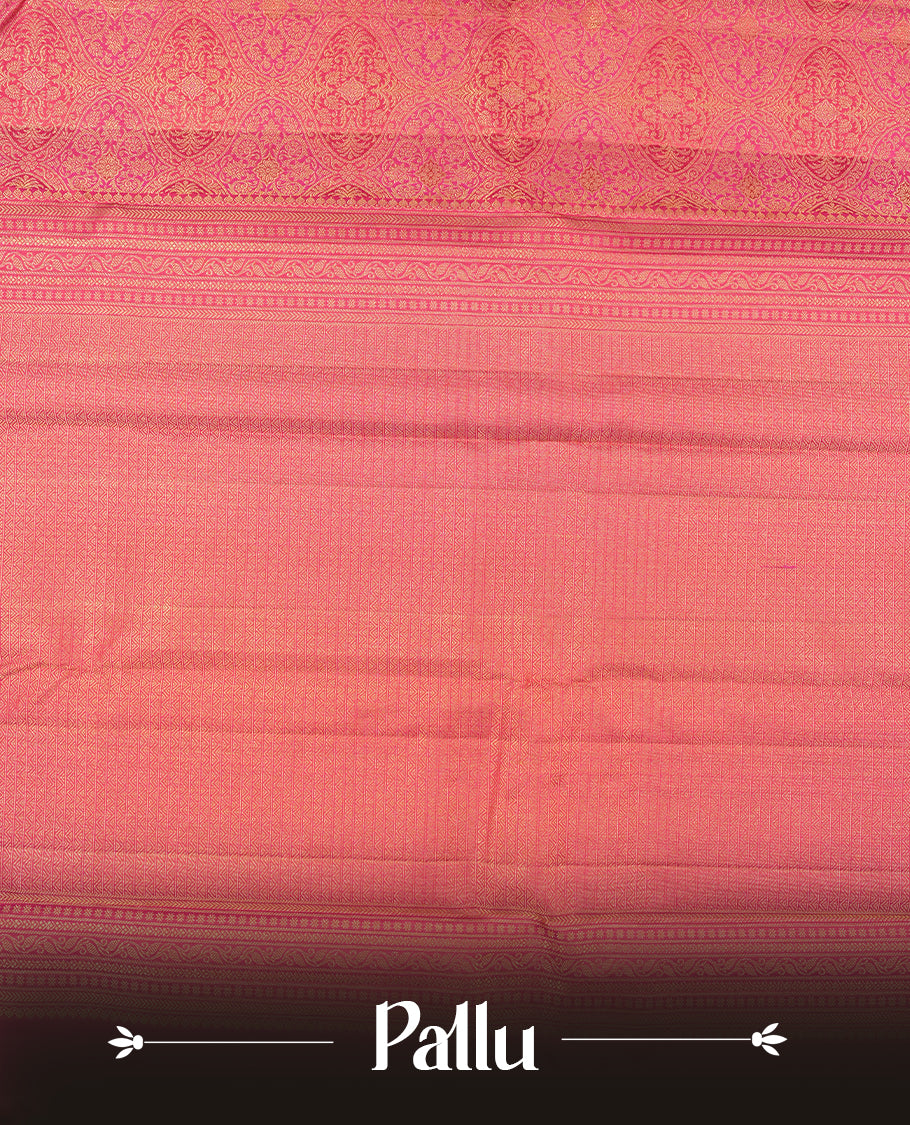 Magenta purple colour Kanchipuram Samudrika Silk Saree featuring Floral kodi pattern weaving with gold zari jacquard and a traditional Kanchipuram zari border, paired with a matching designer jacquard blouse piece