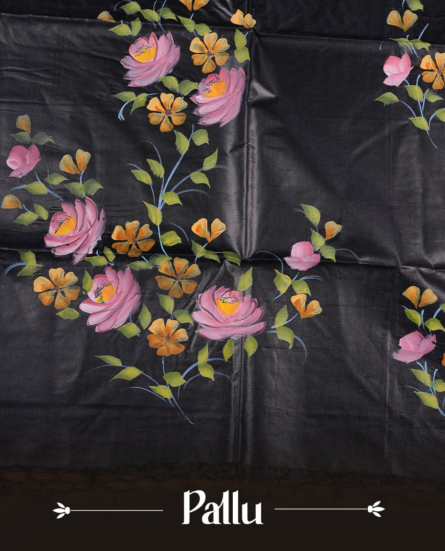 Black colour Pure tusser silk saree featuring multicolour floral hand print designs all over body without border, pallu, paired with matching blouse piece.