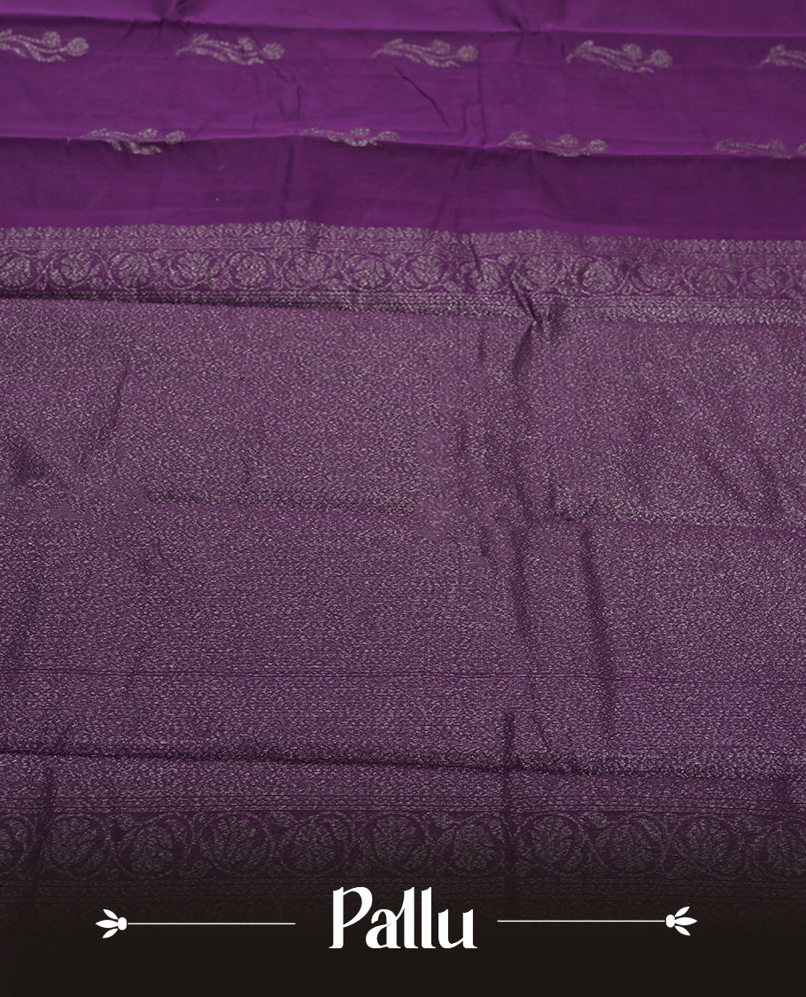Purple Wine Colour Silk Cotton Saree with Dark Silver Floral Butta Body, Contrasting Silver Zari Pallu & Border, Floral Vine Motifs, and Matching Plain Woven Blouse Piece