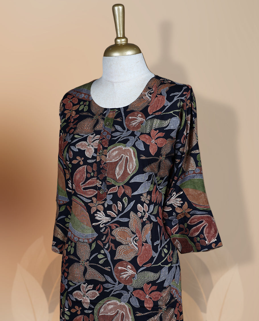 Navy blue colour kurti featuring a round neckline, 3/4th flared sleeves, and an all over floral print in green and beige hues, designed with a straight cut silhouette for a chic casual look.