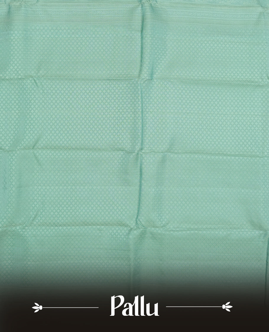 Pastel aqua blue colour semi soft silk saree featuring a self coloured textured patterned body, complemented by self coloured box motifes on pallu & border and a matching blouse piece.