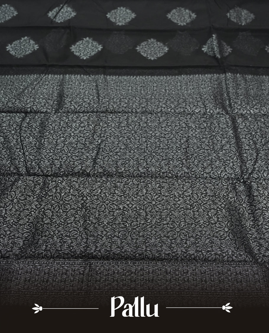 Black Cotton Saree with Silver Zari Textured Circular/Medallion Butta Body, Featuring Elaborate Zari-Woven Pallu with Multi-Layered Ornamental Border Patterns and Fine Geometric Details, Paired with Matching Gray Woven Textured Plain Blouse Piece