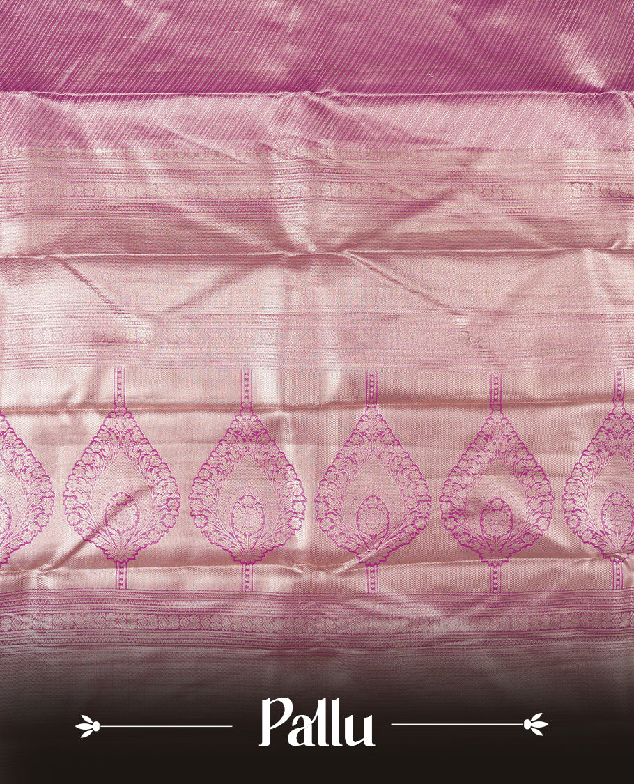 Neon Purple colour and rose gold Zari Tissue Brocade Saree features intricate line Motifs on body and self coloured border & pallu, paired with matching blouse