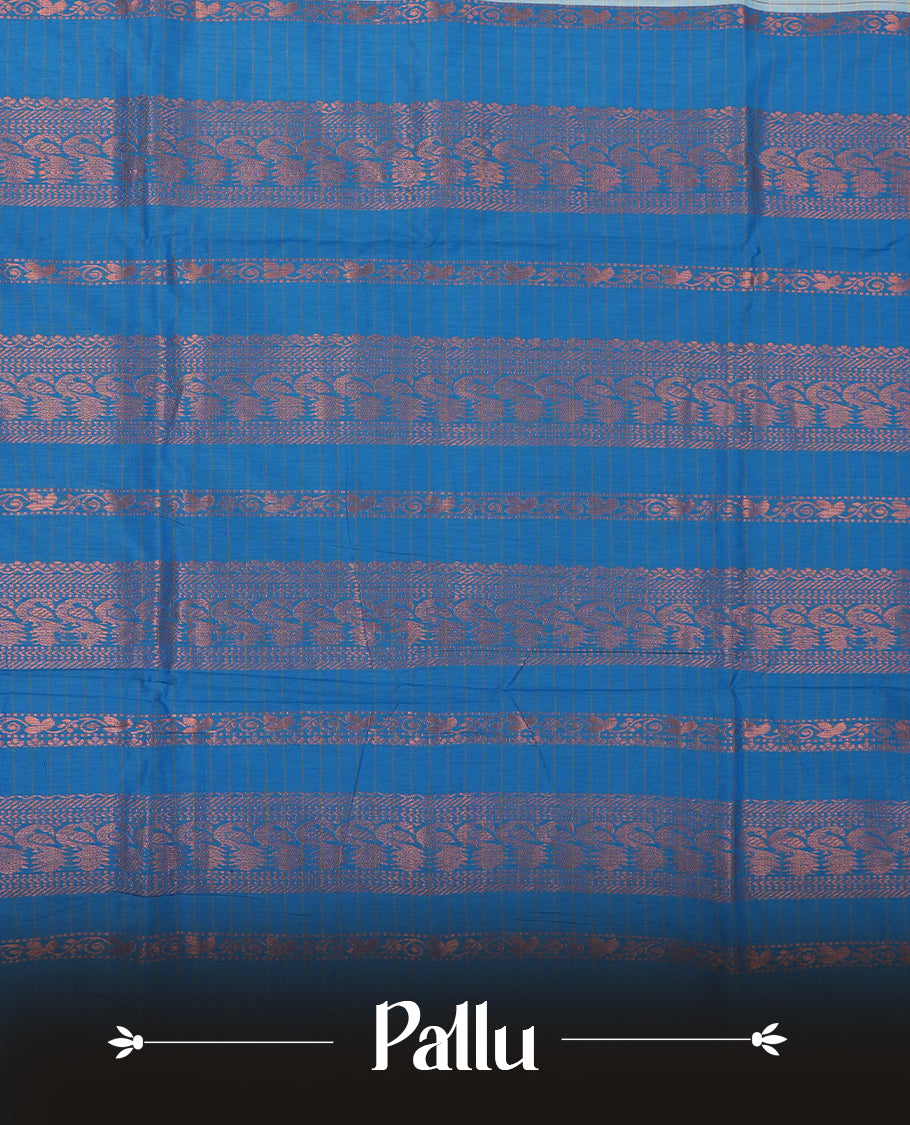 Sky blue coloured mixed Kalyani cotton saree featuring copper zari checks on the body, complemented by a bright blue coloured border and pallu adorned with copper zari patterns, Paired with a matching blouse.