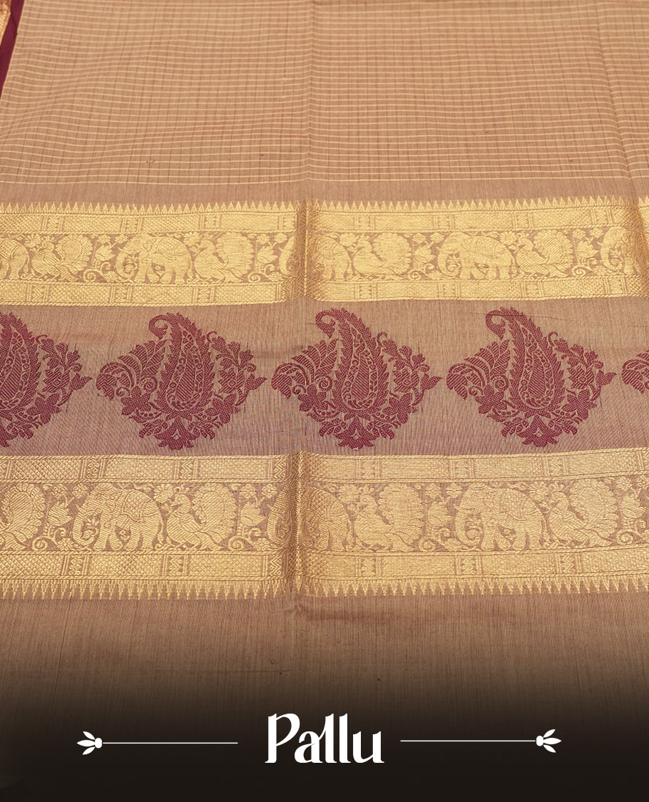 Beige Colour Silk Cotton Saree with Striped Body, Accented by Maroon and Gold Zari Border with Elephant and Paisley Motifs on Pallu, Paired with Matching Blouse Piece