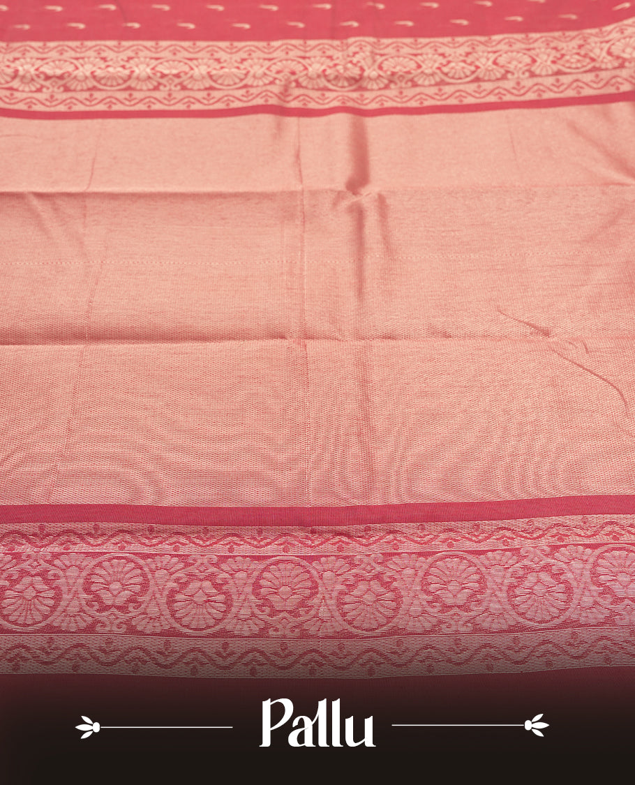 Coral Pink Cotton Saree with Silver Teardrop Butta Body, Featuring Ornamental Zari-Woven Border with Circular Medallion Pattern on Grand Pallu, Paired with Matching Coral/Pink Plain Blouse Piece