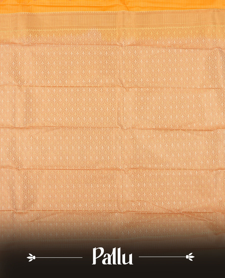 Orange colour Semi Silk Saree with rose gold zari striped patterns on the body, paired with a contrasting cream colour traditional pallu and border, and a matching blouse piece.