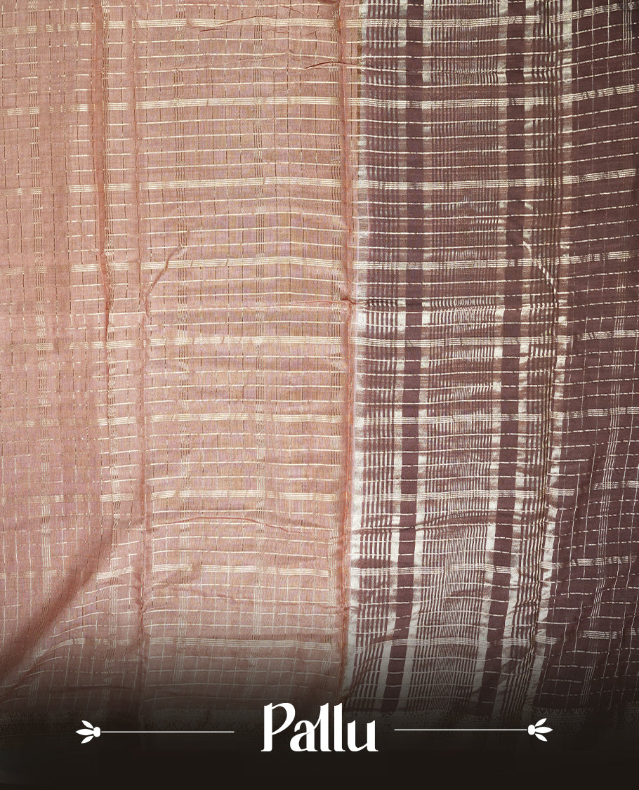 Light brown colour mixed chanderi cotton saree with checkered plaid body, brown pallu featuring gold zari border, and matching blouse.