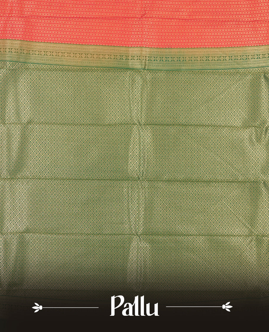 Red colour Semi Silk Saree with gold zari patterns on the body, paired with a contrasting green traditional pallu and border, and a matching blouse piece.